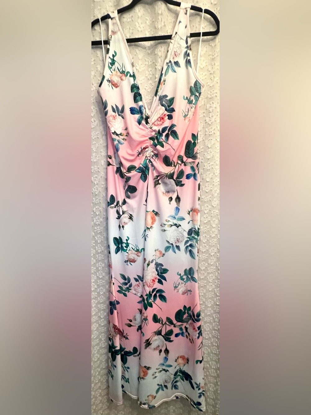 NWOT VENUS Pink Floral Halter Maxi Dress Ruched Mermaid Hem L